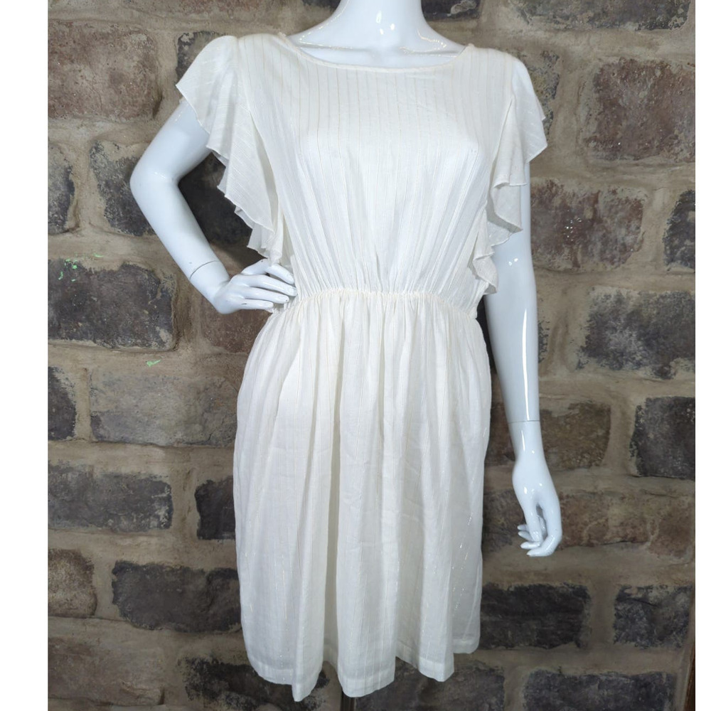 Molly Bracken‎ Dress White Gold Stripe Ruffle Sleeve Woman's Size Small Party